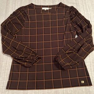 Calvin Klein Brown & Black & Camel-Gold  Printed Pleat Sleeve Top